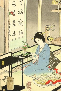 flower arranging and tea ceremony 1895 Toyohara Chikanobu Japanese Oil Paintings